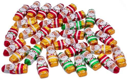 2-inch milk chocolate mini Santas, individually wrapped in aluminum foil