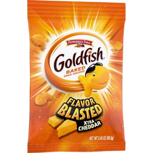 Goldfish crackers with extra sharp cheddar flavor, 2.45 oz. package.