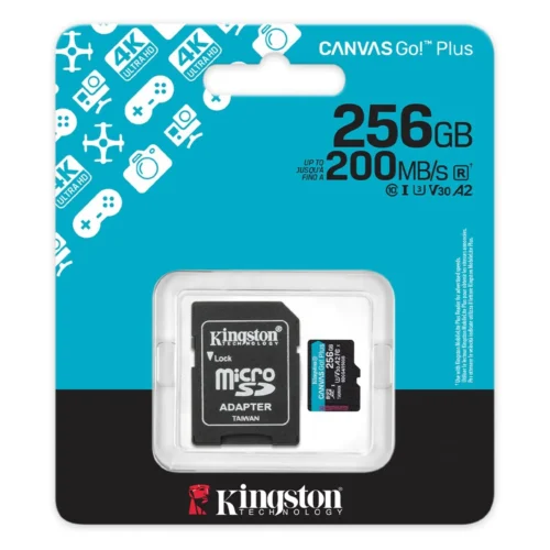 Kingston Canvas Go Plus Gen4 256GB U3 V30 A2 MicroSDXC Card, high speed, ideal for 4K video, mobile apps, and drones, includes SD adapter